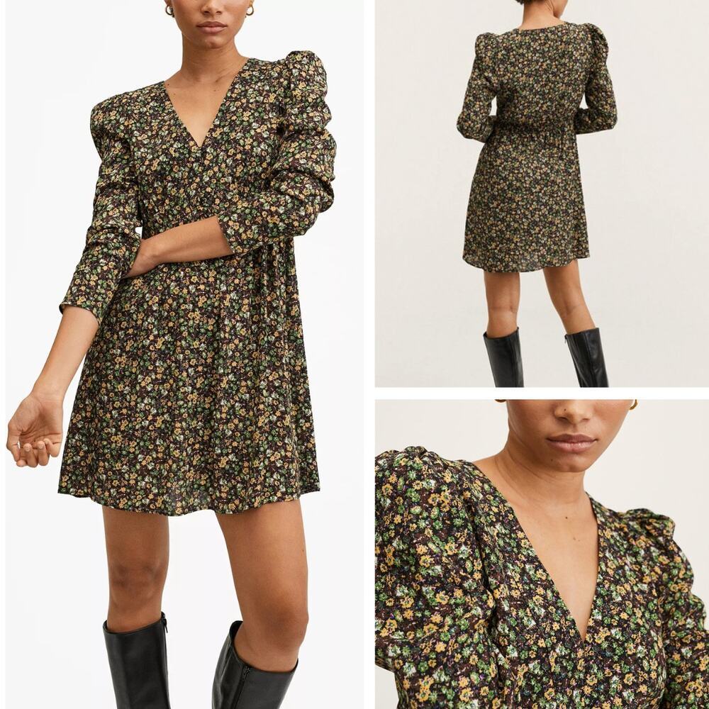 NWT MANGO Women's Floral Printed Dress with Balloon Sleeves Size 8